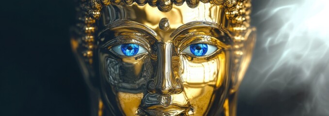 Obraz premium Gold Buddha Statue Close-Up with Bright Blue Eyes and Shiny Chrome Finish
