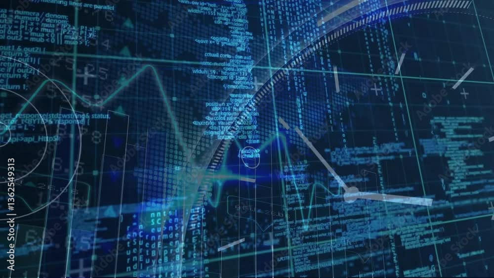 Poster Animation of digital data and coding patterns forming network on blue background