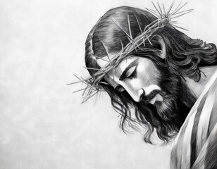Fototapeta premium Retrato de Jesucristo con corona de espinas sobre fondo blanco.