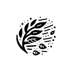 Minimalist Black and White Illustration of a Botanical Arrangement with Flowing Leaves, Stars, and Floating Elements within a Circular Frame.