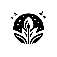Monochrome botanical logo: a stylized flower in a dark circle, evoking simplicity, serenity, and balance with a touch of nature, featuring dot patterns and bird silhouettes.