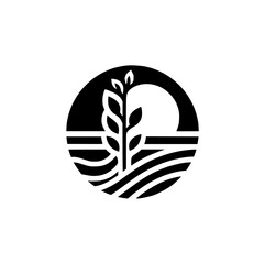 Symbolic agricultural logo depicting a stylized wheat stalk rising from a layered field within a circular frame, evoking growth and nature.