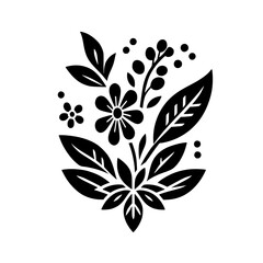 A stylized, symmetrical black and white floral arrangement featuring intricately cut-out flowers, leaves, and berries on a pristine white backdrop.