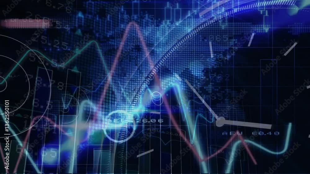 Poster intertwining digital clock and data graphs with blue animation technology patterns