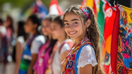 Fototapeta premium Young girls smiling at cultural event, children in colorful attire celebrating diversity, vibrant flags in background, community spirit.