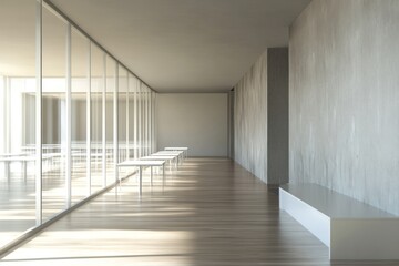 Fototapeta premium Minimalist modern interior with glass wall, concrete, wood floor, and simple furniture.