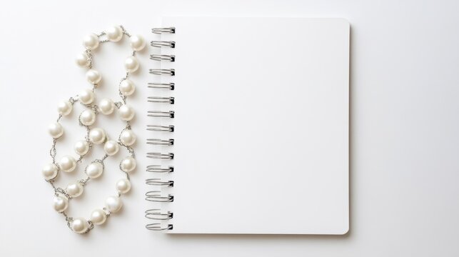Blank spiral notebook and white pearl necklace on clean white background in elegant high-resolution flat lay