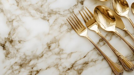 Elegant dining setup, luxurious gold cutlery on marble background, perfect for upscale event invitations or menus.