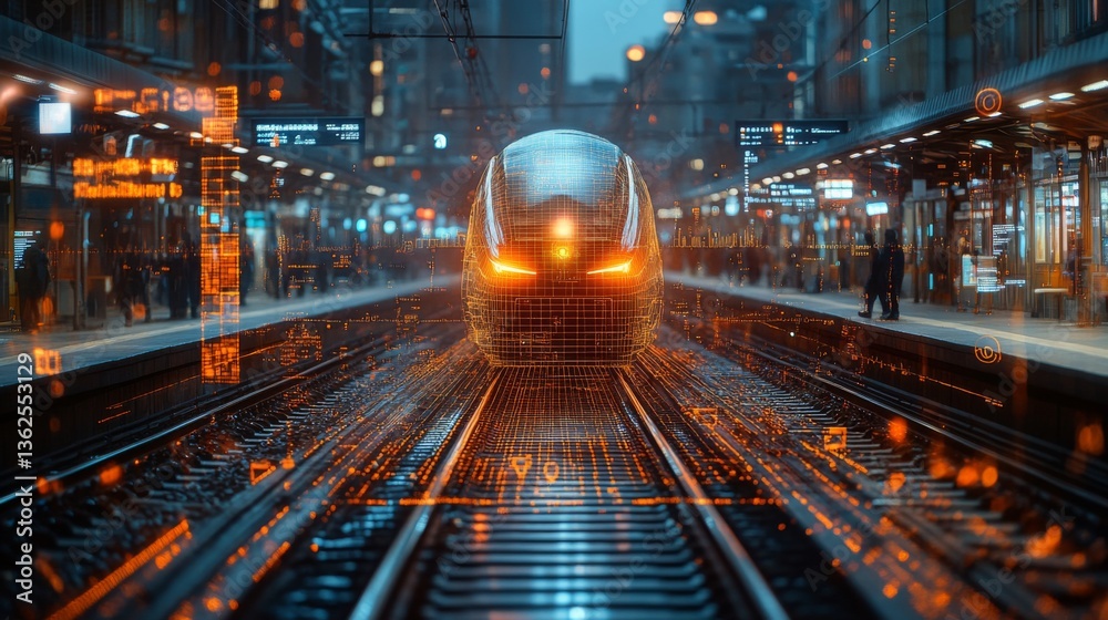Aufkleber A futuristic train is positioned on the tracks of a busy station, illuminated by digital interfaces and monitoring systems focused on security and mobility enhancement.