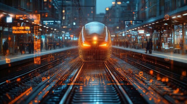 A futuristic train is positioned on the tracks of a busy station, illuminated by digital interfaces and monitoring systems focused on security and mobility enhancement.