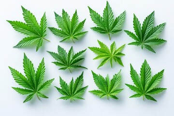 Multiple green cannabis leaves arranged aesthetically on a flat surface showcasing natural detail and texture in bright lighting