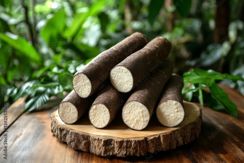 Poster freshly harvested yuca roots displayed on a wooden slab in a lush green environment during daylight