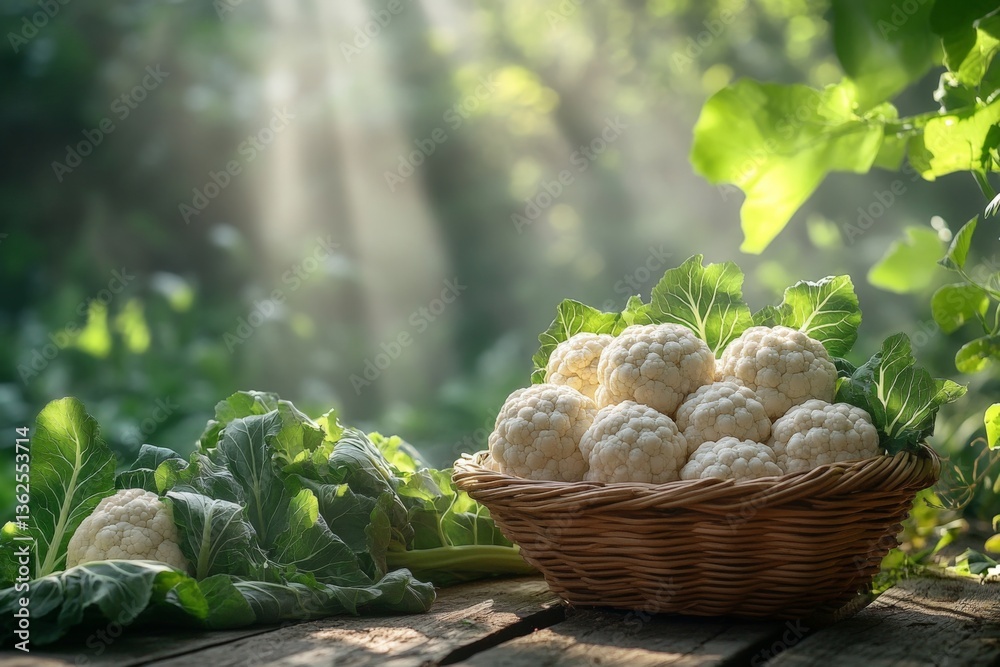 Poster freshly harvested cauliflower in a rustic basket illuminated by sunlight in a serene garden setting