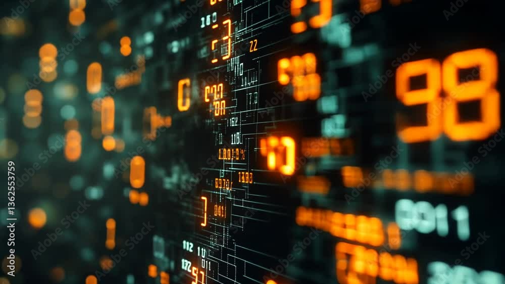 Wall mural futuristic digital data stream with floating numbers and characters, abstract tech background