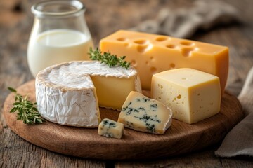 Delicious assortment of cheeses and milk on a rustic wooden table with fresh herbs