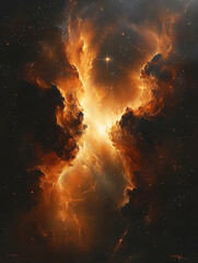 Fototapeta premium Glowing nebula in space Golden, fiery light amidst stars and dark cosmic dust