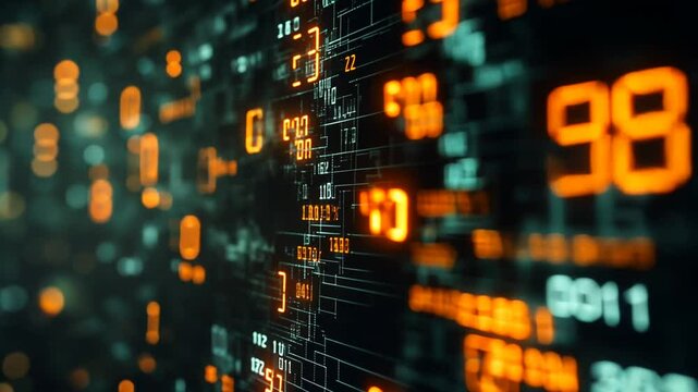 Futuristic digital data stream with floating numbers and characters, abstract tech background