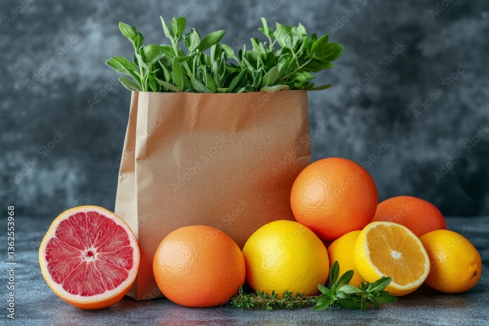 Poster fresh citrus fruits and herbs arranged in a paper bag on a textured background