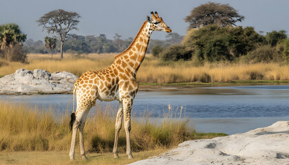 Obraz premium Giraffe standing near water, savannah landscape, Africa
