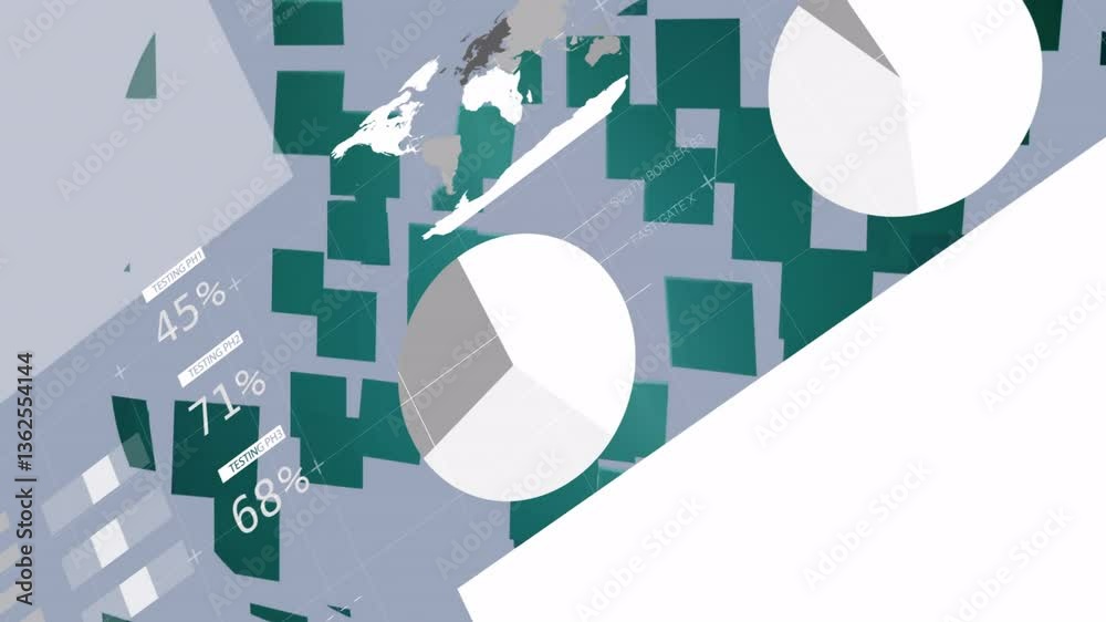 Poster digital data and pie chart animation overlaying world map for cloud computing