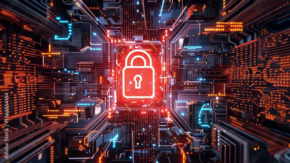 Poster digital cybersecurity glowing padlock symbol amidst network of circuits and data streams for enhance