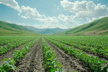 Obraz premium Green fields stretch across the valley under a bright blue sky with fluffy clouds during the day in a rural landscape