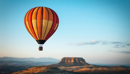 A colorful hot air balloon floats above a scenic landscape with a distant plateau.
