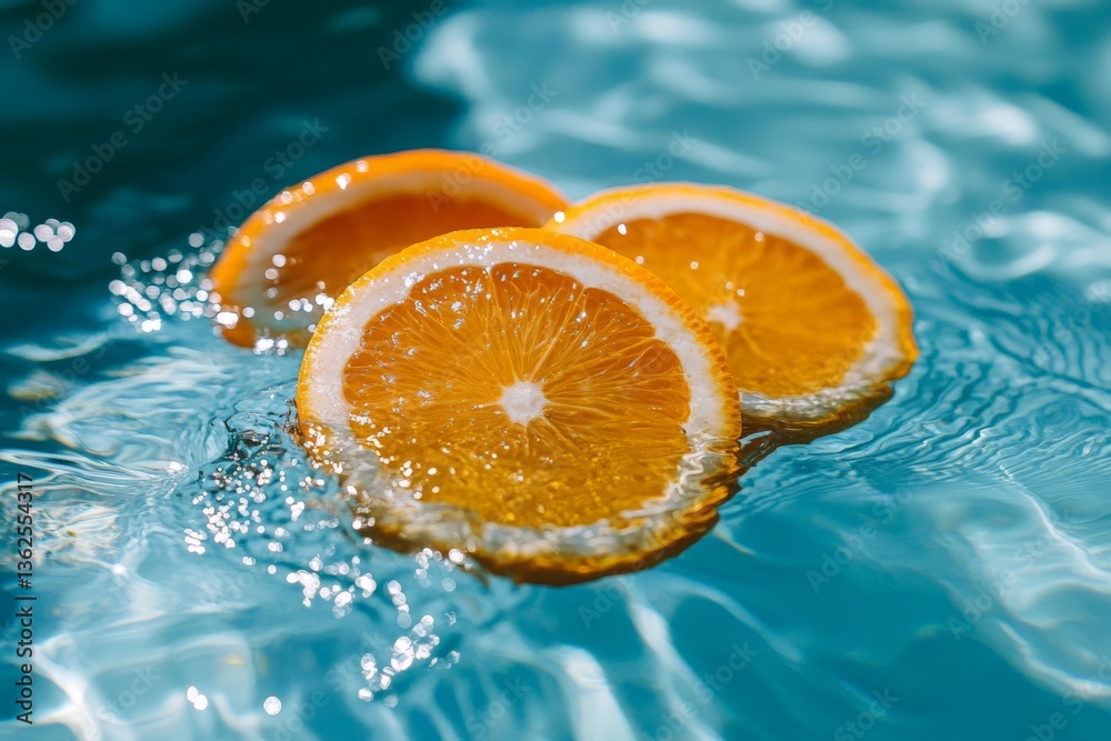Poster orange slices float calmly in refreshing clear water under sunlight near a swimming pool