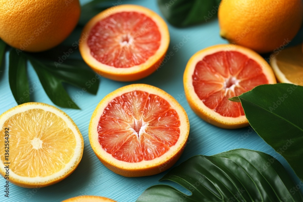 Aufkleber bright citrus fruits arranged artistically on a turquoise surface with leaves
