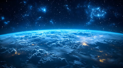 Obraz premium Glowing planet earth covered in white clouds, illuminated under a starry night sky