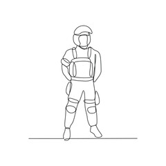 One continuous line drawing of soldiers holding weapons during war drills in a training camp vector design illustration. Soldier training activity illustration in simple linear style vector asset.