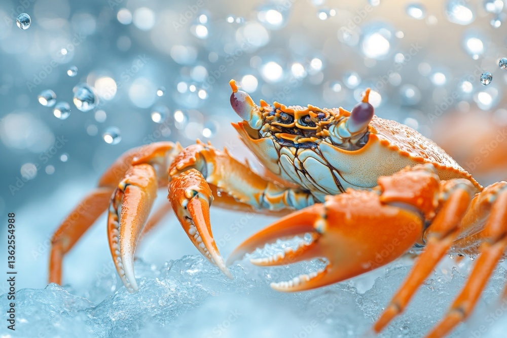 Poster Bright orange crab with water droplets on its shell resting on ice in a marine setting during day