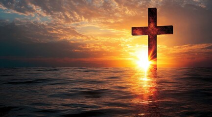 Religious symbol of a cross rising from the ocean under a vibrant sunset sky