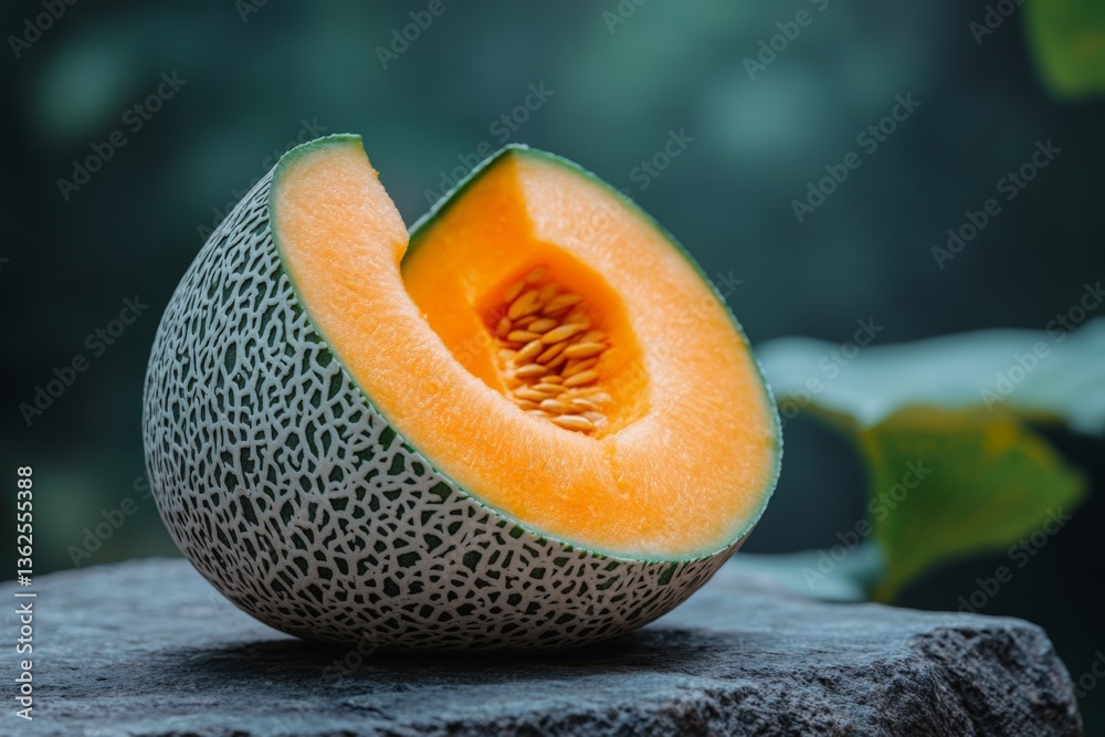 Aufkleber Fresh cantaloupe sliced open on a stone with green foliage in the background during a calm afternoon