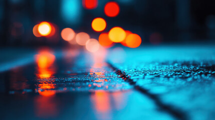 close up view of wet street at night, showcasing vibrant reflections of colorful lights. blurred bokeh effect creates dreamy atmosphere, enhancing urban night scene
