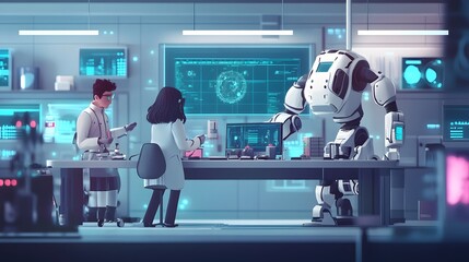 Futuristic control room, diverse team analyzing data, astronaut in background, advanced technology and vibrant lights, collaborative atmosphere.