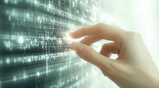 Finger interacts with holographic data network interface, digital technology control, futuristic display, augmented reality