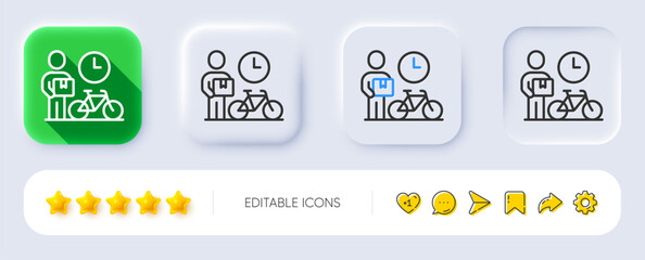 Obraz premium Bike courier line icon. Neumorphic, Flat shadow, 3d buttons. Delivery bicycle sign. Fast city transport symbol. Line bike courier icon. Social media icons. Vector