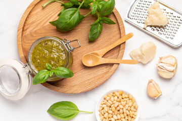 homemade pesto sauce, basil, olive oil, parmesan