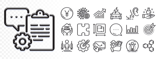 Yen money, Clipboard and Stay home line icons for web app. Glare of light effect. Message icon. Pack of Demand curve, Fraud, Puzzle pictogram icons. Vector