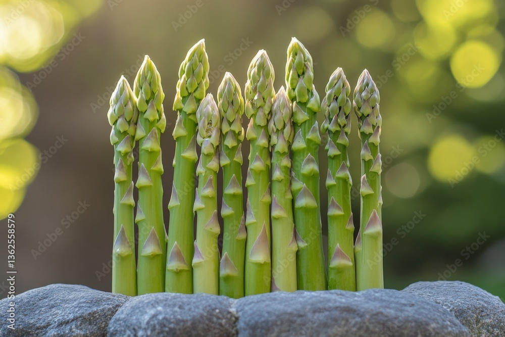 Poster fresh asparagus arranged neatly on a rustic stone surface during golden hour in a natural outdoor se