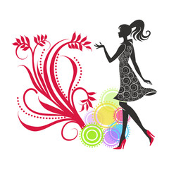 vector illustration silhouette of a girl in a dress with an ornament