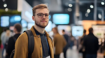 Obraz premium Young man in casual attire, engaged in a busy event, displaying focus and curiosity amidst a vibrant crowd, ideal for networking.