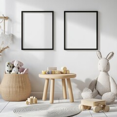 Minimalist nursery room with toys, wooden stool, and blank frames.