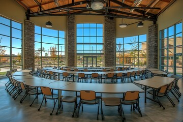 Fototapeta premium Large open room with tables and chairs near large windows