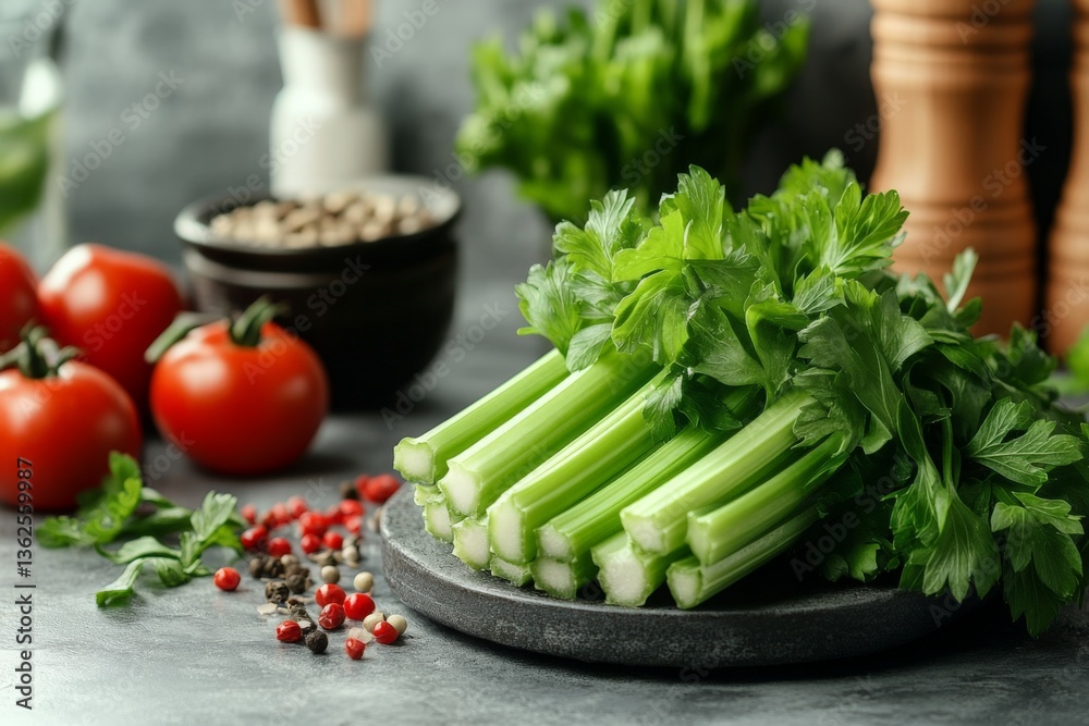 Poster Fresh celery stalks and vibrant tomatoes on a rustic kitchen counter with assorted spices