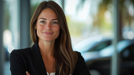 Fototapeta premium Luxury Car Dealership with Professional Saleswoman in Modern Showroom