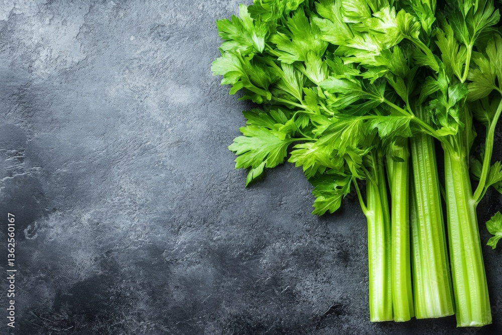 Poster fresh green celery stalks arranged on a dark textured surface highlighting natural produce