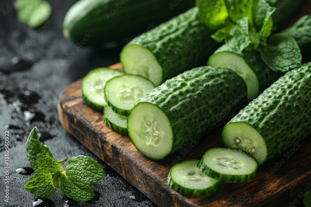 Poster freshly sliced cucumbers with mint on a wooden cutting board in a modern kitchen setting