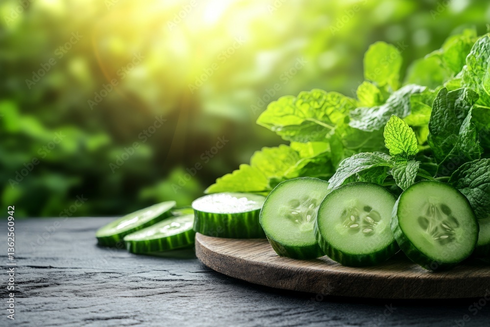 Poster freshly sliced cucumbers and mint leaves on a wooden board in a sunlit garden setting